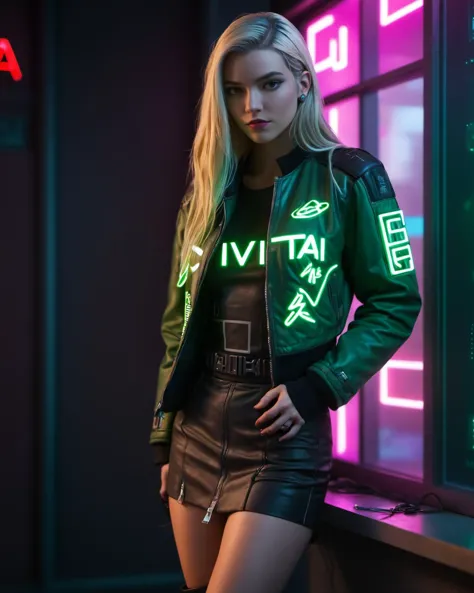 a woman in a black leather jacket and shorts standing in front of a neon sign