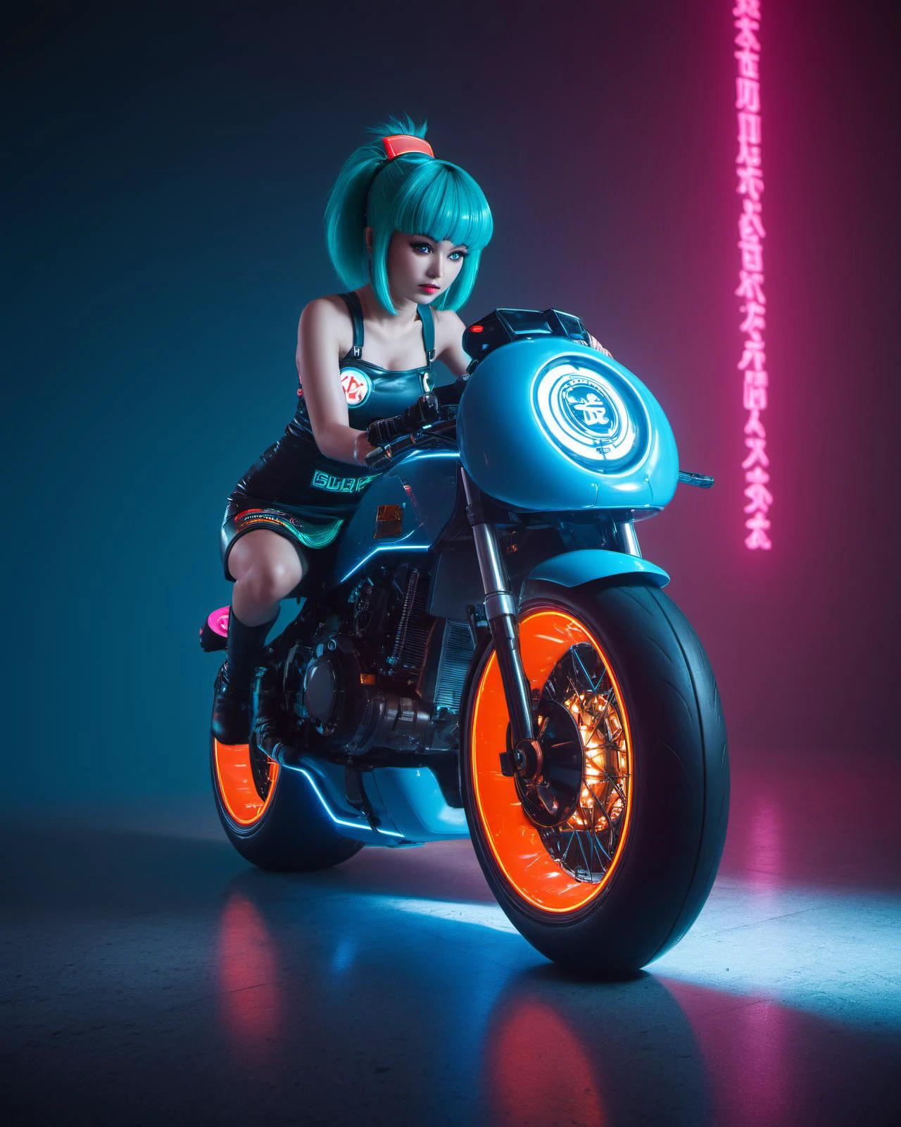 (masterpiece), , (extremely detailed),  (cinematic lighting),(silicone skin texture), (hyperrealistic), (photography),
21 years old Bulma,very long hair with bang,  cyberpunk capsule corp outfit, Capsule Corp ridding a motorbike, neon rims, tron style, japanese letters, neon lighits, (soft shadows), dragon balls on floor,
 extremely short skirt, microskirt 