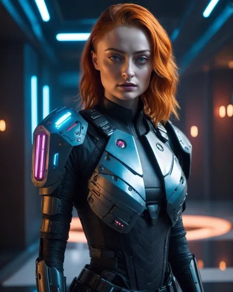 a woman in a futuristic suit standing in a room