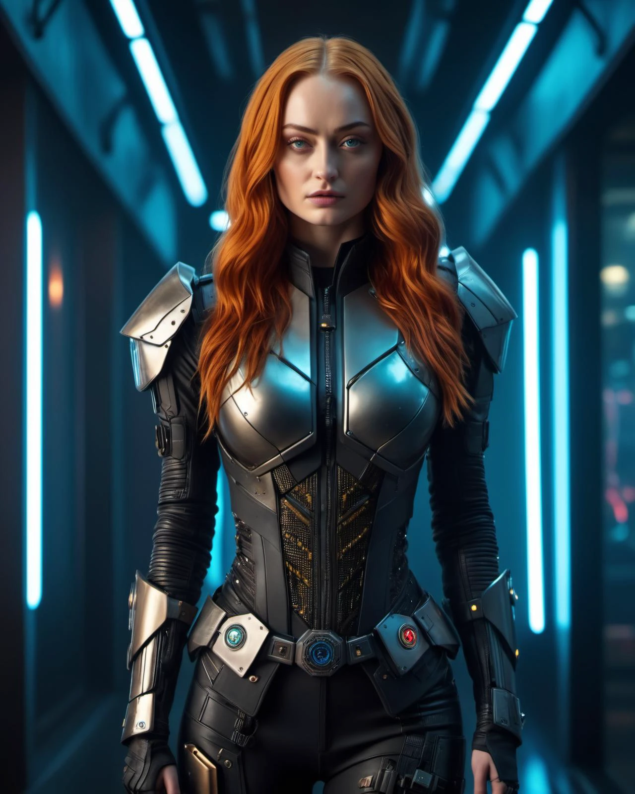 (masterpiece), , (extremely detailed),  (cinematic lighting),(silicone skin texture), (hyperrealistic), (photography),
alluring Sophie Turner, Cyberpunk Hotel Hall, Cyberpunk military glowing uniform, electric wand in hand DonMCyb3rN3cr0XL , techno-witch, cyborg, occultist, plasma shield, cybernetic riffle, railgun in back,