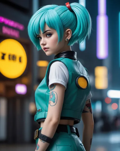 (masterpiece), , (extremely detailed),  (cinematic lighting),(silicone skin texture)
2d style, Bulma, bob cut hair, a-line hair, cyberpunk capsule corp outfit, asimetric trousers, Capsule Cord headquarters at back,
manga style