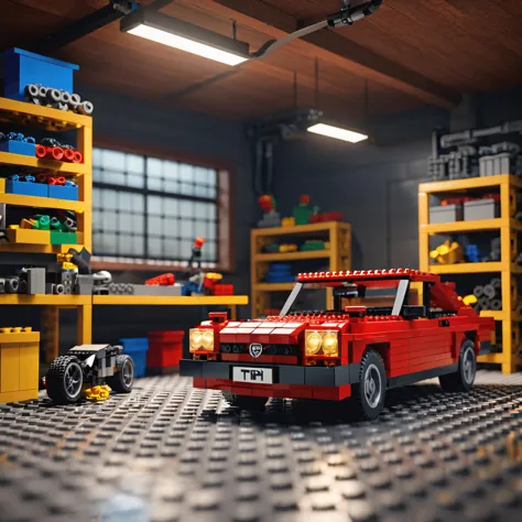 A Lego car in a garage scene, lego set, highly detailed, intricate, technical, unreal engine 5, 8k, --ar 3:2 --testp --upbeta