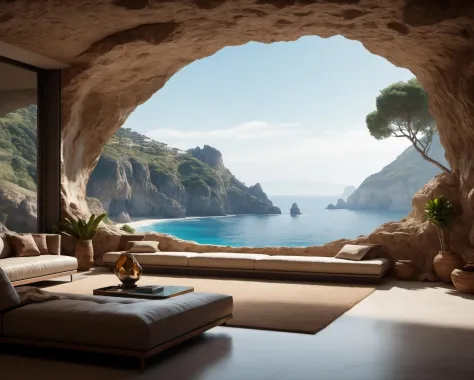 (detailed face), (photorealistic), (masterpiece), (photography), (realistic skin texture),  cinematic lighting, 
living room of a luxurious house that is inside a natural cave, with a glass window where you can see the beach and mountains in the background