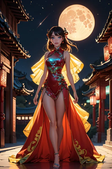 ((best quality)), ((masterpiece)), (intricate details, hyperdetailed:1.15), 35mm, bokeh, (perfect face, highest detailed face), (full body shot), (wearing a red bioluminescent ballgown), <lora:edgBallgown_MINI:1>, red and yellow bioluminescent dress, <lora:bioluminescent_dress-1.0:0.7>, fashion photography of bratz, <lora:bratz3-01:0.6>, lips, large breasts, beautiful, makeup, mascara, lip gloss, perfect eyes, long eyelashes, long hair, looking at viewer, 8k, shiny, glow, (bloom), beautiful girl, photoshoot, fun atmosphere, (full moon, Lunar New Year setting, Chinese dragon:1.3)