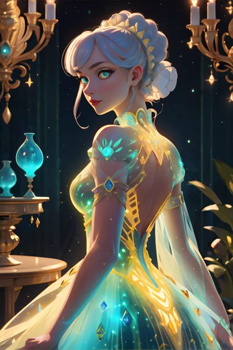 a woman in a dress with a glowing dress and a candle