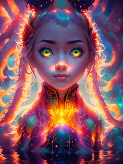 a girl with glowing eyes and a glowing hair is holding a glowing ball