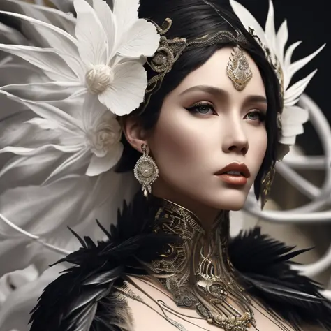 complex 3 d render of a  beautiful fascinating biomechanical woman with a porcelain face, analog, beautiful natural light, rim l...