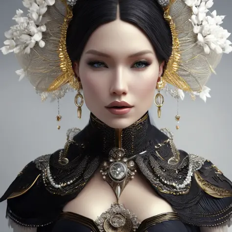 complex 3 d render of a  beautiful fascinating biomechanical woman with a porcelain face, analog, beautiful natural light, rim l...