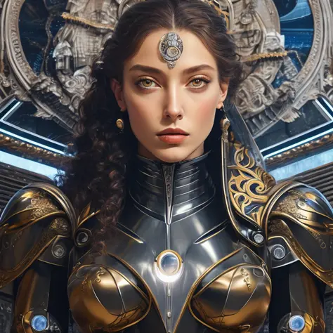 beautiful mural of a young cyborg queen, piercing glowing robot eyes, elegant, striking composition, highly detailed ornate sci ...