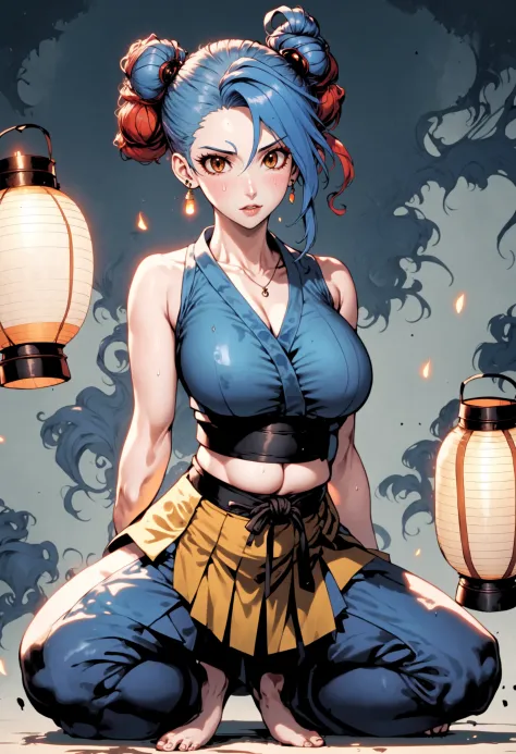 <lora:AnimatedNightmaresStyle:0.8> Animated Nightmare Style, 1girl, ahoge, arms behind back, bare shoulders, belt, black belt, blue hair, blue pants, blue shirt, blush, brown eyes, cleavage, collarbone, crop top, earrings, full body, hair bun, jewelry, kneeling, lantern, large breasts, lips, looking at viewer, makeup, midriff, multicolored hair, navel, pants, paper lantern, piercing, ponytail, red hair, single hair bun, skirt, sleeveless, solo, sweat, toeless legwear, two-tone hair, yellow skirt