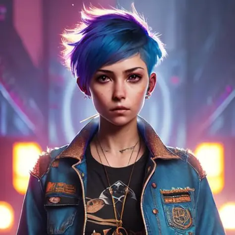 ChromaV5,nvinkpunk,(extremely detailed CG unity 8k wallpaper), ((Portrait of a teenage girl with short blue hair and brown eyes)), (wearing a denim jacket a black tank top and ripped jeans), arm tattoos and piercings, rebellious and alternative, award winn...