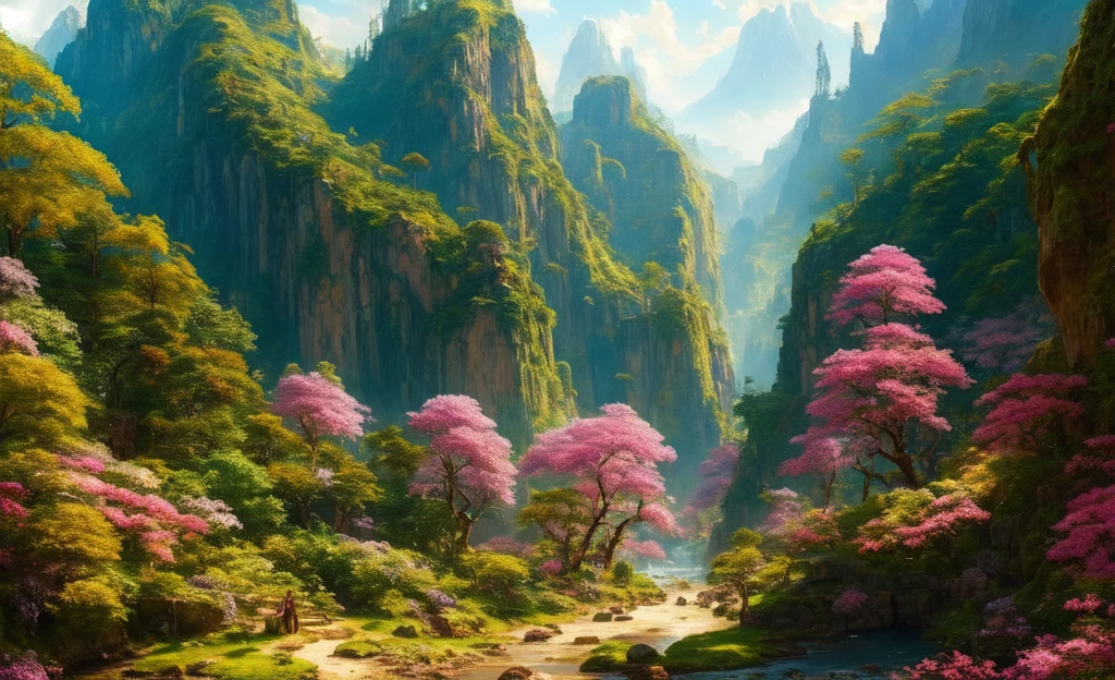 ChromaV5, nvinkpunk,(extrem detailliertes CG Unity 8k-Hintergrundbild), Eine Landschaft aus einem majestätischen Dschungel, umgeben von üppigem rosa Laub, preisgekrönte Fotografie, Chromatische Abweichung, ausführlich , HDR, blühen,majestätisches Ölgemälde von , Thomas Cole, Frederic Kirche, and Albert Bierstadt ,Trends auf Artstation, Trends bei CGSociety, kompliziert, hohe Detailgenauigkeit, dramatisch, Kunst von Midjourney