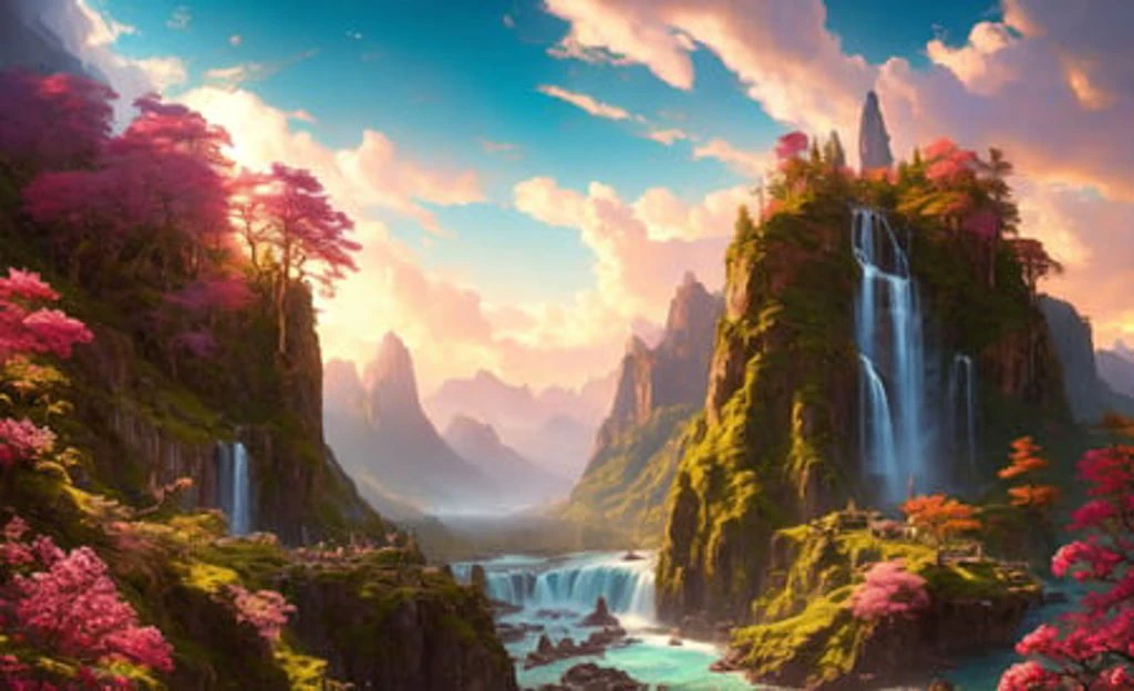 ChromaV5, nvinkpunk,(extremely detailed CG unity 8k wallpaper), An Landscape of majestic and powerful waterfall cascading down a rocky cliff surrounded by lush pink foliage, award winning photography, Chromatic Aberration, Detailed , HDR, Bloom,majestic oil painting by , Thomas Cole, Frederic Church, and Albert Bierstadt ,trending on artstation, trending on CGsociety, Intricate, High Detail, dramatic, art by midjourney