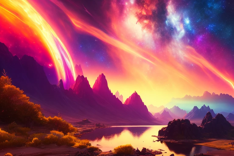 ChromaV5, nvinkpunk,(extrem detailliertes CG Unity 8k-Hintergrundbild), Eine Landschaft eines kosmischen Himmels, Nebel, Kosmos,galaxy,preisgekrönte Fotografie, Chromatische Abweichung, ausführlich , HDR, blühen ,Trends auf Artstation, Trends bei CGSociety, Kunst von Midjourney