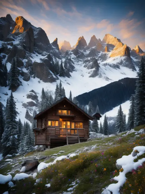 ChromaV5, nvinkpunk, masterpiece, best quality, high quality, extremely detailed realistic 8k wallpaper,landscape with texture ,Landscape photo of the Alps mountains, Austria, award winning photography, bloom, Photorealistic, extremely detailed, trending on artstation, trending on CGsociety, Intricate, High Detail, dramatic, carpathian mountains, ((blizzard)), ((snowy)),  log hut, campfire