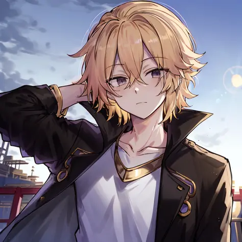 masterpiece, best quality, 1boy, mikey, manjiro sano, tokyo revengers, blonde hair,  arm behind head, beautiful background, sun, black jacket,