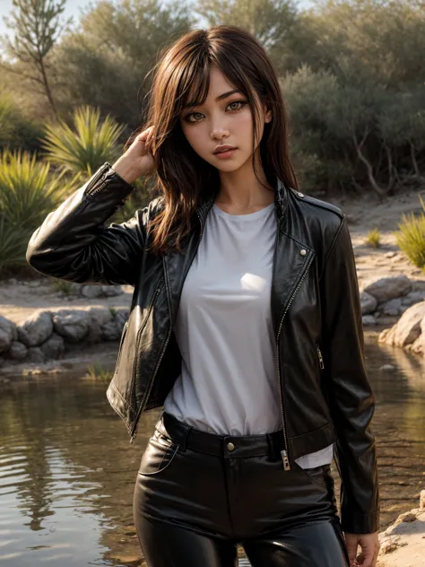 a woman in a tranquil desert oasis at dawn, cactus, pond,  upper body, grey eyes, puffy lips,  closed mouth, leather jacket, open jacket, motor vehicle, tight pants, leather pants, cowboy shot, 
(masterpiece), (best quality), HDR, intricate detail, 
 