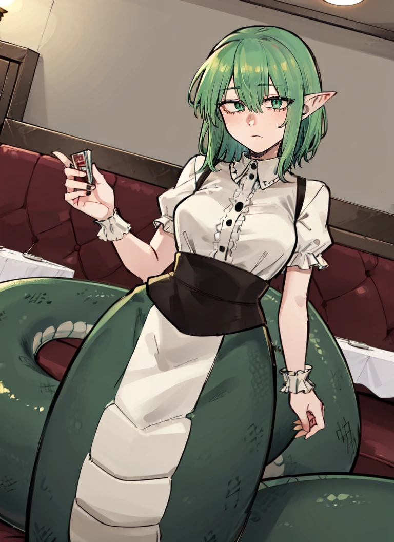 ((best quality)), ((highly detailed)), masterpiece, absurdres, (detailed eyes, deep eyes), (1girl), dutch_angle, dynamic pose, cowboy shot, (lamia), scales, tail, merged at waist, standing, (green hair), snake eyes, (indoors, at a dining room), 