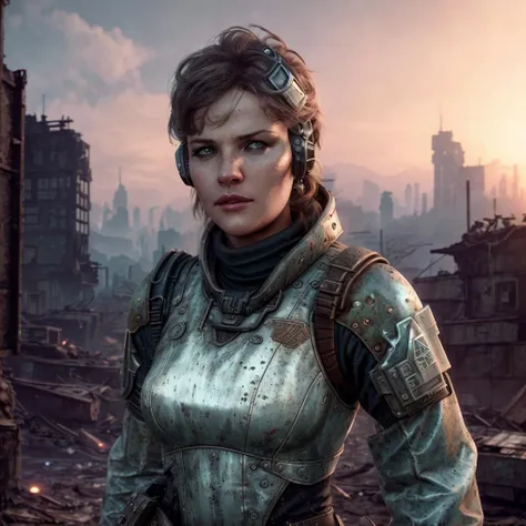 (extremely detailed CG unity 8k wallpaper, hasselblad award winner), beautiful detailed photo of a female, beautiful mature girl in the postapocalyptic ruins, <lora:Aleksandra_Yakovleva:0.85>, NCR courier uniform from Fallout New Vegas, disdain and angry, serious look, (postapocalyptic city background), (Fallout postapocalypse style), (close up), cinematic lighting, ambient soft lighting, dramatic lighting, diffused soft lighting, (detailed background with ruined city:1.4), (futuristic destroyed city from Fallout), elite, rich, highly detailed, intricate, small breasts, 8k HD, full body 8k render, photorealistic digital art trending on Artstation 8k HD high definition detailed realistic, masterpiece, high quality, sharp focus, hdr, cinema shot, trending on ArtStation, Intricate, High Detail, Sharp focus, dramatic, photorealistic painting art by midjourney