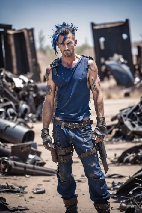 a man with blue hair and a blue shirt standing in a junkyard