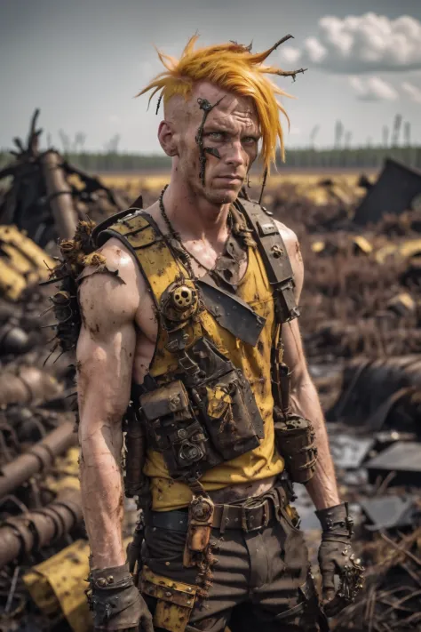 a man with yellow hair and a yellow vest standing in a field