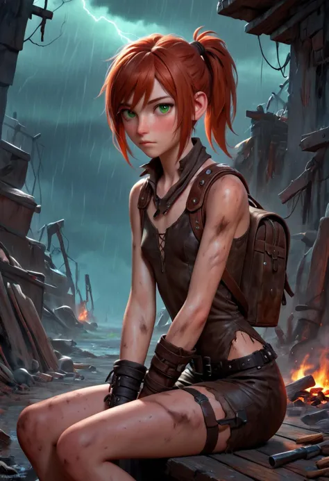 Masterpiece, 4k, ultra high detail, score_9, score_8_up, score_8, 18yo, petite, small breast size, red_orange wild ponytail hair, fcNeg, stunning emerald green eyes, freckles, white skin, small nose, innocent beauty, slim face,  skinny petite body, 
Warm Wasteland clothes made from metal and leather scrap, used leather chest clothes, wild warm clothes for cold season, long warm fur coat over shoulders, warm dirty fur cape, dirty clothes, protective clothes against cold, closed clothes, closed chest pieces, 
Light body-hugging leather armor without shoulder armor, 
Armed with a thin spear, 
Sideview, post Apocalyptic, inside old rusty industrial ruins, inside a storage, 
Sitting at Little campfire, backpack in near, dark night, 
Huge Storm in distance with lightning, NightScapes, 
Thunderstorm, heavy-rain, hidden under a ledge,