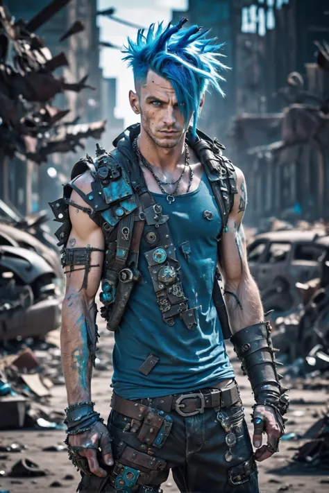 a man with blue hair and a blue vest standing in a destroyed city