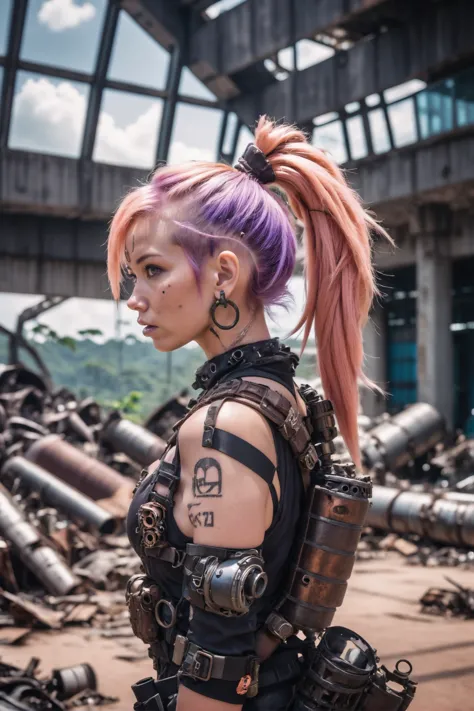 a woman with pink hair and tattoos standing in front of a pile of junk