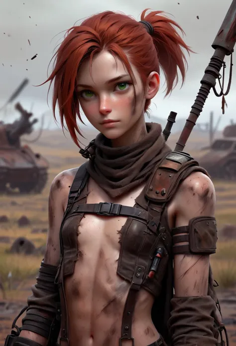 Masterpiece, 4k, ultra high detail, score_9, score_8_up, score_8, 18yo, petite, small breast size, red_orange wild ponytail hair, fcNeg, stunning emerald green eyes, freckles, white skin, small nose, innocent beauty, slim face,  skinny petite body, 
Warm Wasteland clothes made from metal and leather scrap, used leather chest clothes, wild warm clothes for cold season, long warm fur coat over shoulders, warm dirty fur cape, dirty clothes, wasteland warrior, protective_clothes_against_cold, closed_clothes, closed_chest_pieces, 
Light body-hugging leather armor without shoulder armor, alarmed, 
Armed with a thin spear, 
Red dust in the air, strange fungus field, respiratory protection in front of the mouth,