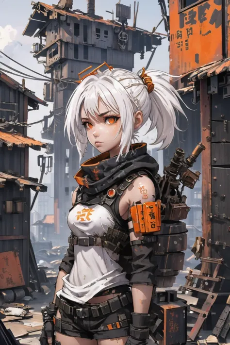 anime style, post apocalyptic, scrap metal, 1girl, solo, white hair with orange highlights, antenna hair, (asian:1.3), morning, architecture,  cabin in a shanty city<lora:wasteland_warrior2_last:-4:-4:lbw=LYCO_OUTALL>