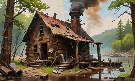 painting of a cabin with a chimney and a boat in the water