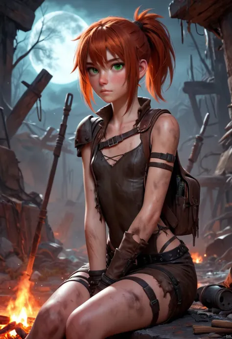 Masterpiece, 4k, ultra high detail, score_9, score_8_up, score_8, 18yo, petite, small breast size, red_orange wild ponytail hair, fcNeg, stunning emerald green eyes, freckles, white skin, small nose, innocent beauty, slim face,  skinny petite body, 
Warm Wasteland clothes made from metal and leather scrap, used leather chest clothes, wild warm clothes for cold season, long warm fur coat over shoulders, warm dirty fur cape, dirty clothes, protective clothes against cold, closed clothes, closed chest pieces, 
Light body-hugging leather armor without shoulder armor, 
Armed with a thin spear, 
Sideview, post Apocalyptic, inside old rusty industrial ruins, inside a storage, 
Sitting at Little campfire, backpack in near, dark night, 
Huge Storm in distance with lightning, NightScapes, 
Pale moon,