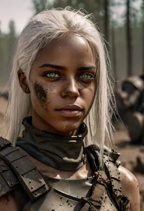 8K portrait of a young black woman, long straight white hair, deep green eyes, slim, dirt on face, wasteland armor, 
detailed, masterpiece, high resolution,
natural daylight, detailed background forest,