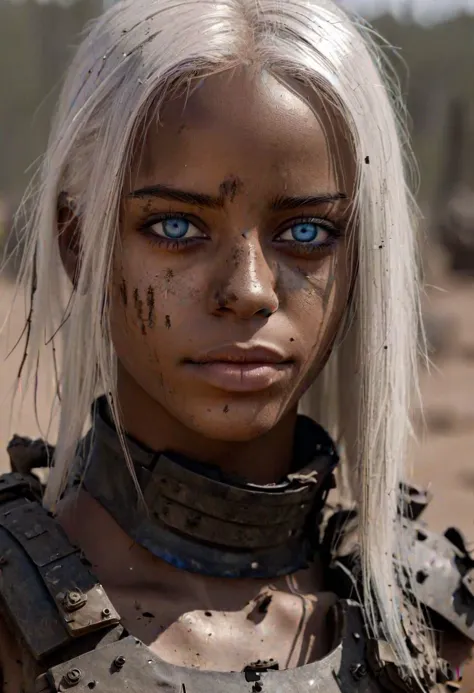 a close up of a woman with white hair and blue eyes