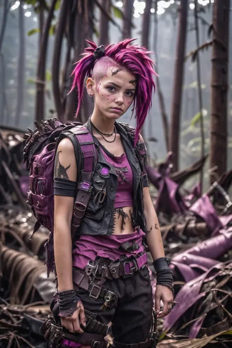 photograph, cinematic color grading, post apocalyptic, scrap metal, tattered clothes, man, rugged, solo, ultra  magenta hair with magenta highlights, Pompadour,  Guatemalan, morning, scenery, Schoolgirl Lifestyle Kelp Forest<lora:EnvyWastelandWarriorXL01:0.85>