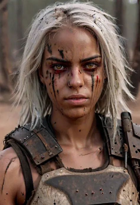 8K portrait of a young black woman, long straight white hair, deep scarlet eyes, slim, dirt on face, wasteland armor, Angry
deta...
