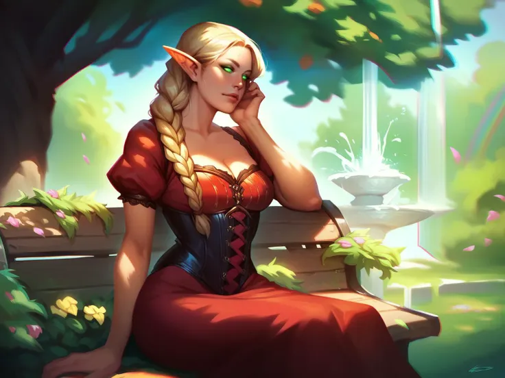 score_8_up, score_7_up, cowboy shot of elf woman sitting on bench in park, head rest, ornate red dress with green gems, corset, blonde, braid, glowing eyes, makeup, wide hips, tree, sunlight, flowers, fountain on background, fantasy <lora:sxz-smite-smol-pdxl:0.8> smite style, chromatic aberration, realistic,