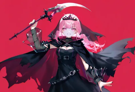 source_anime, score_9, score_8_up,
1girl, mori calliope, virtual youtuber, veil, long hair, pink hair, black dress, tiara, red background, holding scythe, black nails, spikes, torn cape, looking at viewer, pink eyes, torn clothes, simple background, black cape, belt, holding weapon, smile, see-through sleeves, breasts, cloak, parted lips