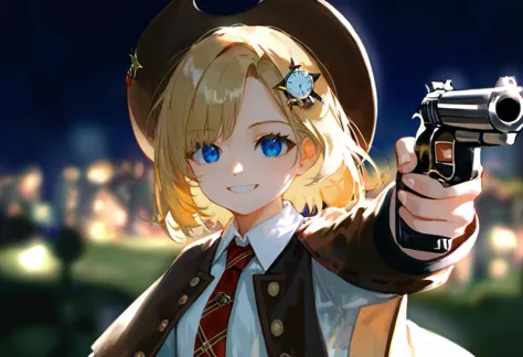 anime girl with a gun pointing at the camera