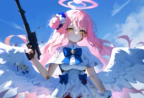 source_anime, score_9, score_8_up,
1girl, mika (blue archive), holding weapon, white wings, pink hair, pink halo, holding gun, w...