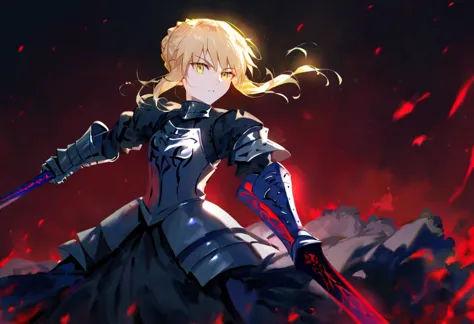 source_anime, score_9, score_8_up,
1girl, artoria pendragon (fate), saber alter, holding weapon, armor, holding sword, excalibur morgan (fate), armored dress, blonde hair, gauntlets, yellow eyes, black dress, braid