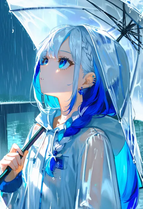 anime girl with blue hair holding an umbrella in the rain