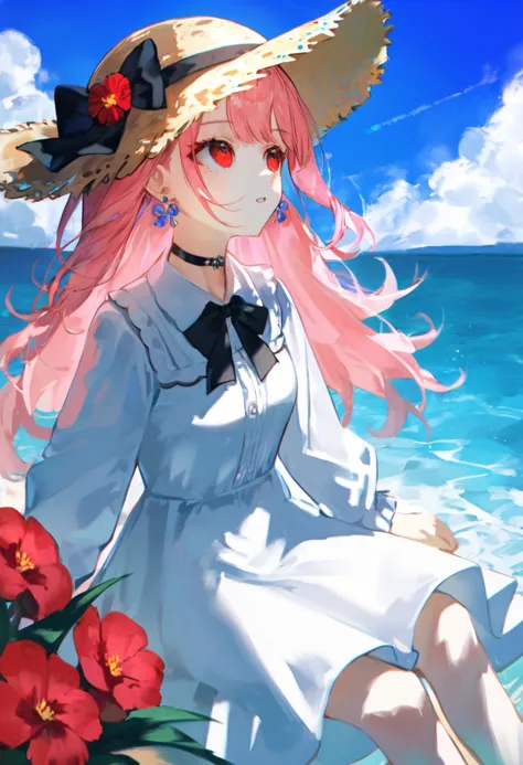 source_anime, score_9, score_8_up,
1girl, long hair, pink hair, hat flower, white dress, barefoot, blue sky, cloud, outdoors, mori calliope, sitting, water, straw hat, day, virtual youtuber, floating hair, ocean, looking up, earrings, jewelry, long sleeves, sun hat, red eyes, breasts, beach, parted lips, cloudy sky, black choker, black bow, collared dress, red flower