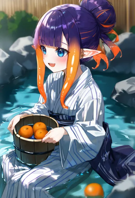 anime girl with oranges in a bucket in a pool