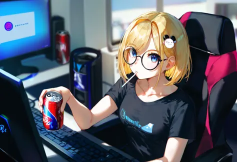 anime girl with glasses sitting in front of a computer holding a can of soda