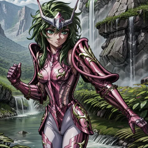 masterpiece, best quality, highres, solo, 1girl, green eyes, detailed background,waterfall,armor, <lora:more_details:0.7>,outdoo...