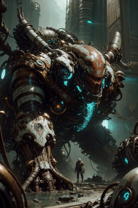 a group of robots in a sci - fiction setting with a man standing in the background