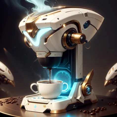 <lora:OrokinTech-20:0.9>, orokintech , scifi,  smooth , gold  , 
coffee machine pouring coffee into a mug ,