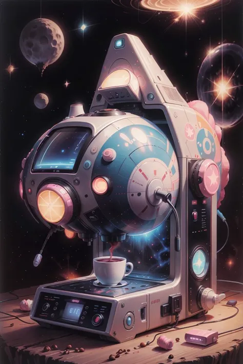 coffee machine, cosmic motif, pastel, retro 80s album cover, digital painting <lora:add_detail:0.1>  <lora:KawaiiTech:0.1> kawaiitech <lora:PlushTech:0.4> plushtech  <lora:LowRA:0.1>  <lora:RetroSpaceships:0.6> retrospaceships