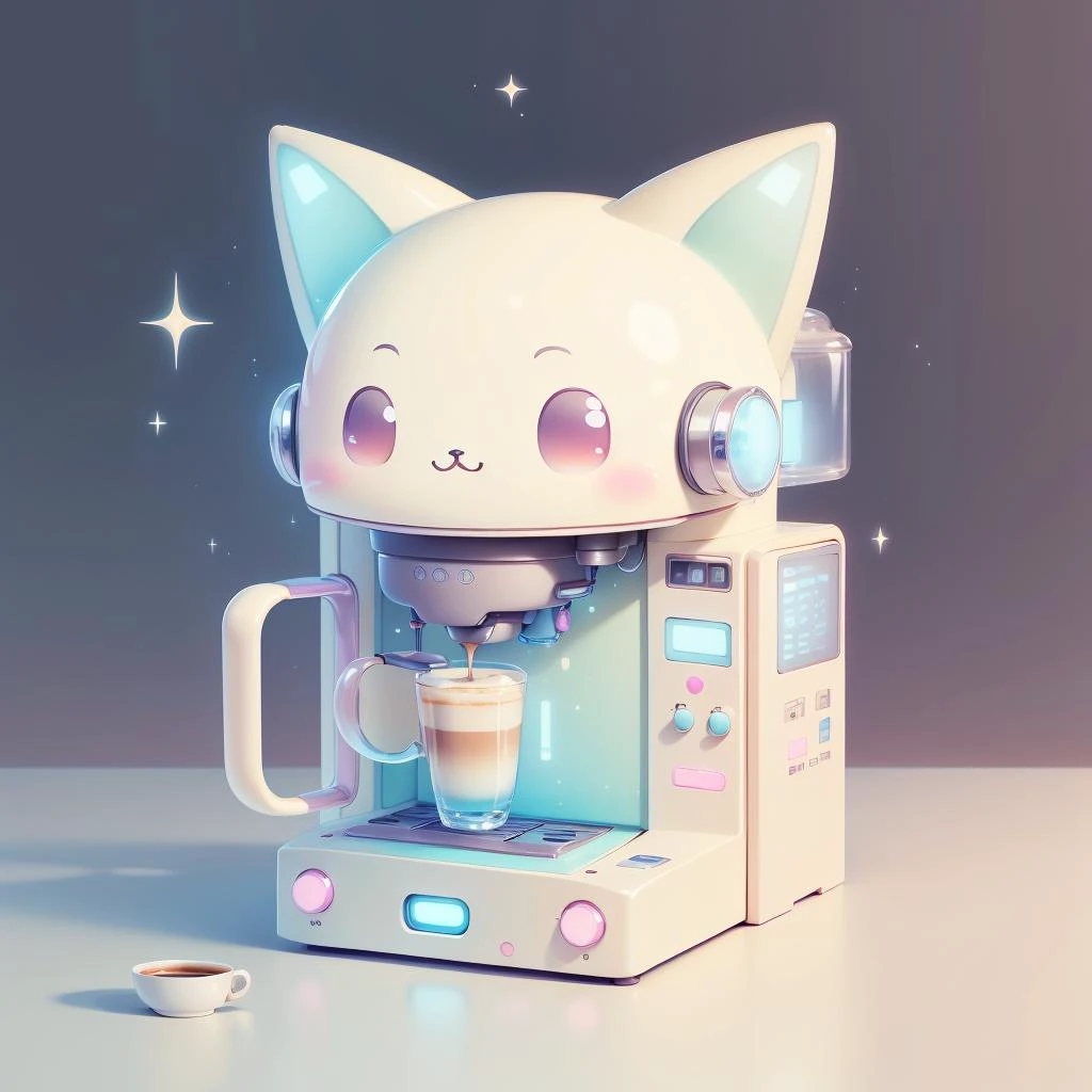kawaiitech,pastel color, kawaii,  cute colors ,scifi,  
coffee machine , mug ,